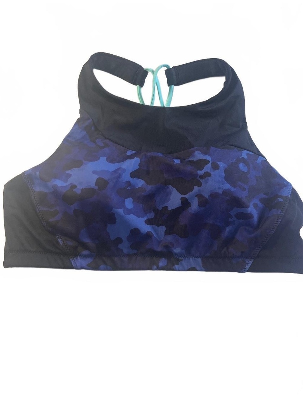 Athleta Crisscross Strap Sports Bra Black and Blue Camo Strappy Size Medium NWOT